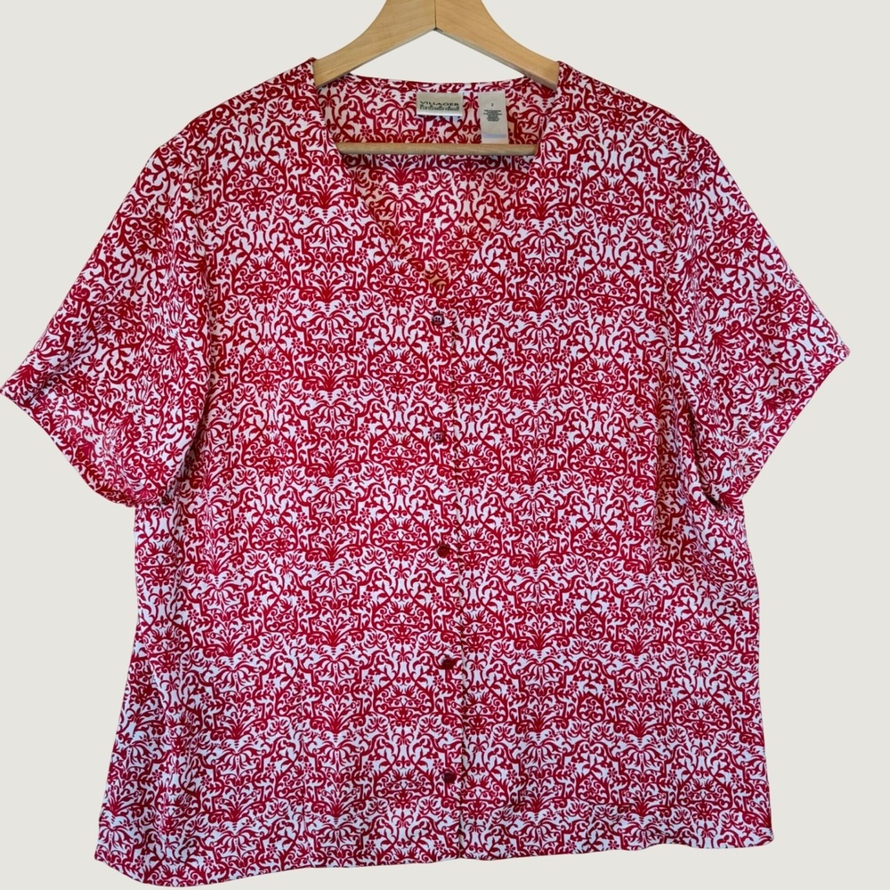 Villager Liz Claiborne Blouse 2X Plus Red White Damask Button Down